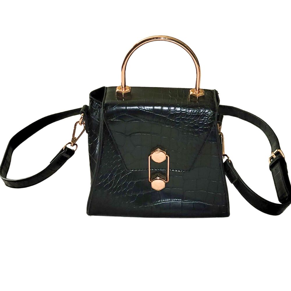 Badgley Mischka Vegan Frame Bag Crossbody Croc Embossed In Black Top Handle Used